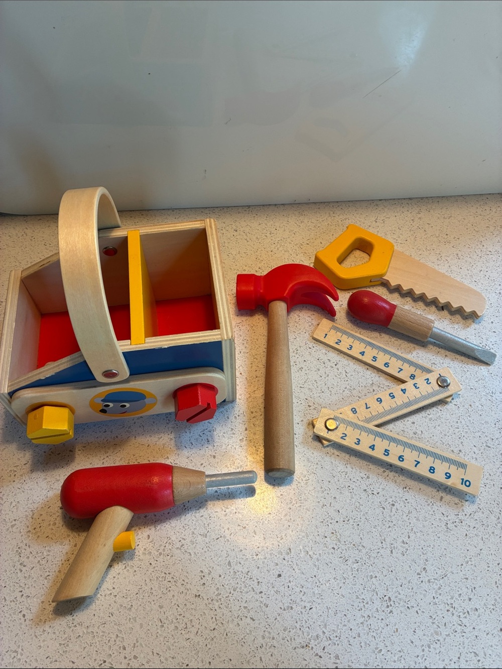 Wooden Kids Tool Tote Playset with Red, Yellow & Blue Accents